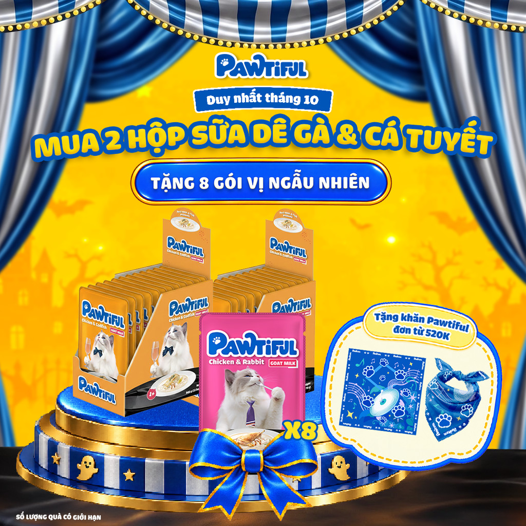 [MUA 2 HỘP TẶNG 8 GÓI] 2 Hộp Pate Pawtiful cho mèo dạng Sữa dê vị Gà & cá tuyết 2hộp x12túi x70g