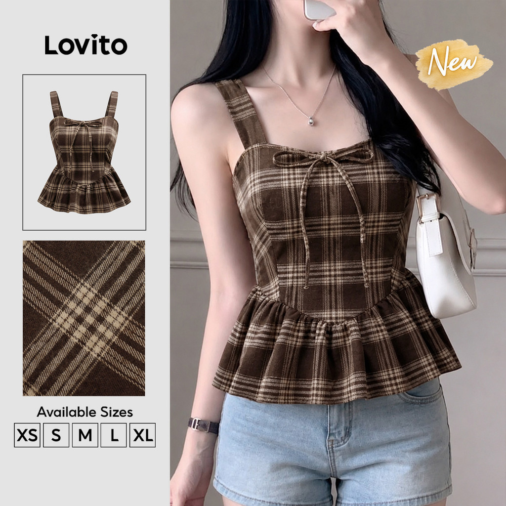 (New Arrival) Lovito Áo nữ màu nâu Thanh lịch kẻ Caro không Tay cổ chữ U buộc dây hình học Phong cách thường ngày Cho mùa xuân hè và cuối tuần TKB204P1D718