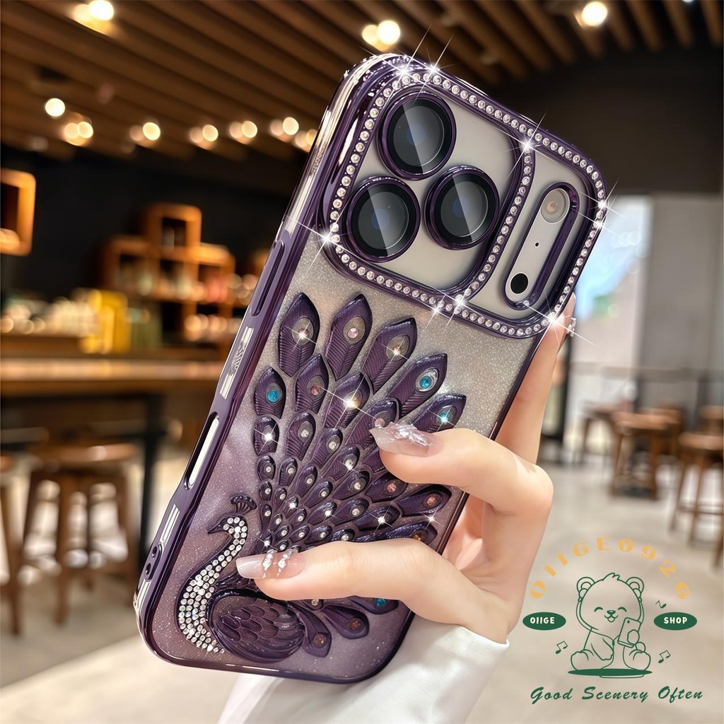 【 Ốp lưng iPhone17 】 Vỏ điện thoại hình con công kim cương mạ màu cam iphone17 Pro Max 16 15 14 13 cho vỏ iPhone Vỏ mềm silicon TPU chống sốc