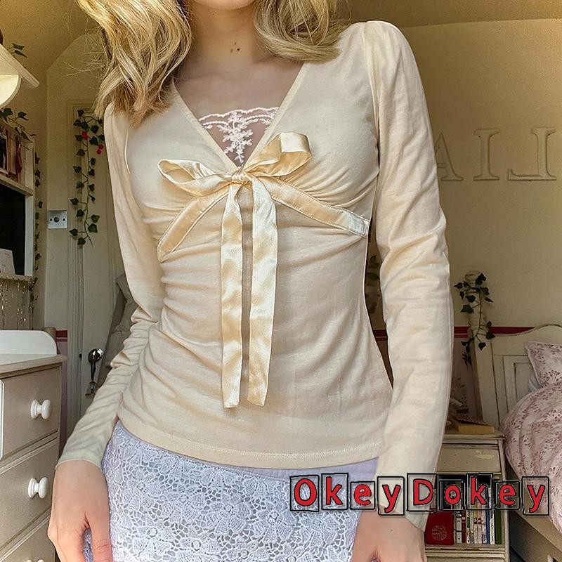 ODokey-Nữ Ren Chắp Vá Áo Nơ Trước Cổ Chữ V Tay Dài Slim Fit Áo