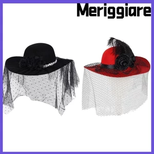 Mũ lưới Sombrero MERIGGIARE, Vintage với mũ che mặt hoa, Tiệc trà Cocktail Fedoras nỉ