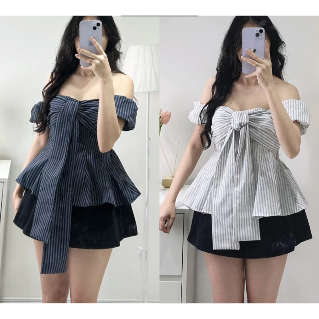 Áo kẻ trễ vai thắt dây ngực chiết eo tay bo chun mặc được nhiều kiểu (có cúc tháo rời) IVORY TOP_A699