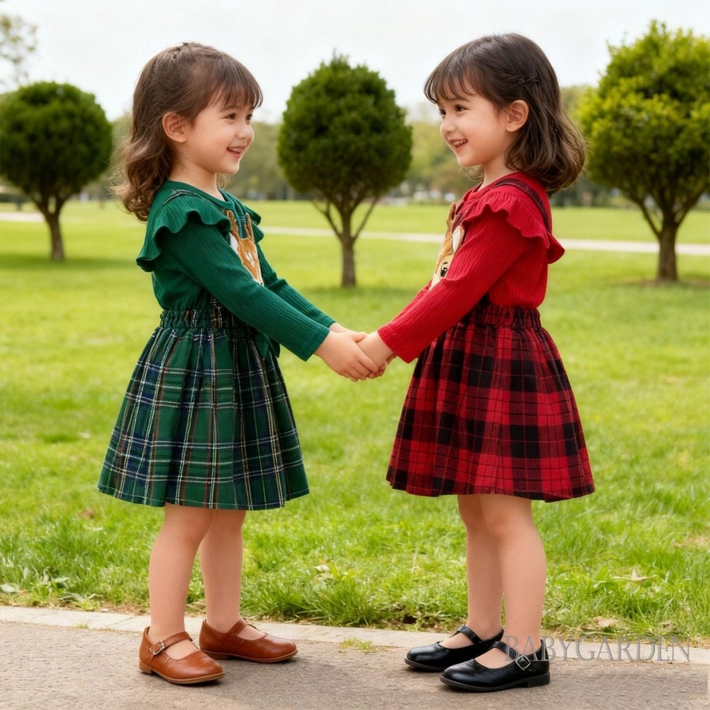 Bộ 2 món Giáng sinh cho bé gái mới biết đi Áo dài tay có gân và váy tổng thể kẻ sọc tuần lộc