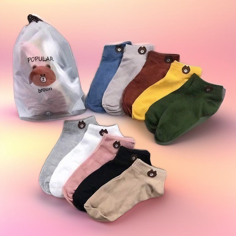 Combo 10 Đôi Tất Nữ Cổ Ngắn Hình Gấu Kute Chất Cotton Mềm Mịn Co Giãn 4 Chiều Tặng Kèm Túi Rút Xinh