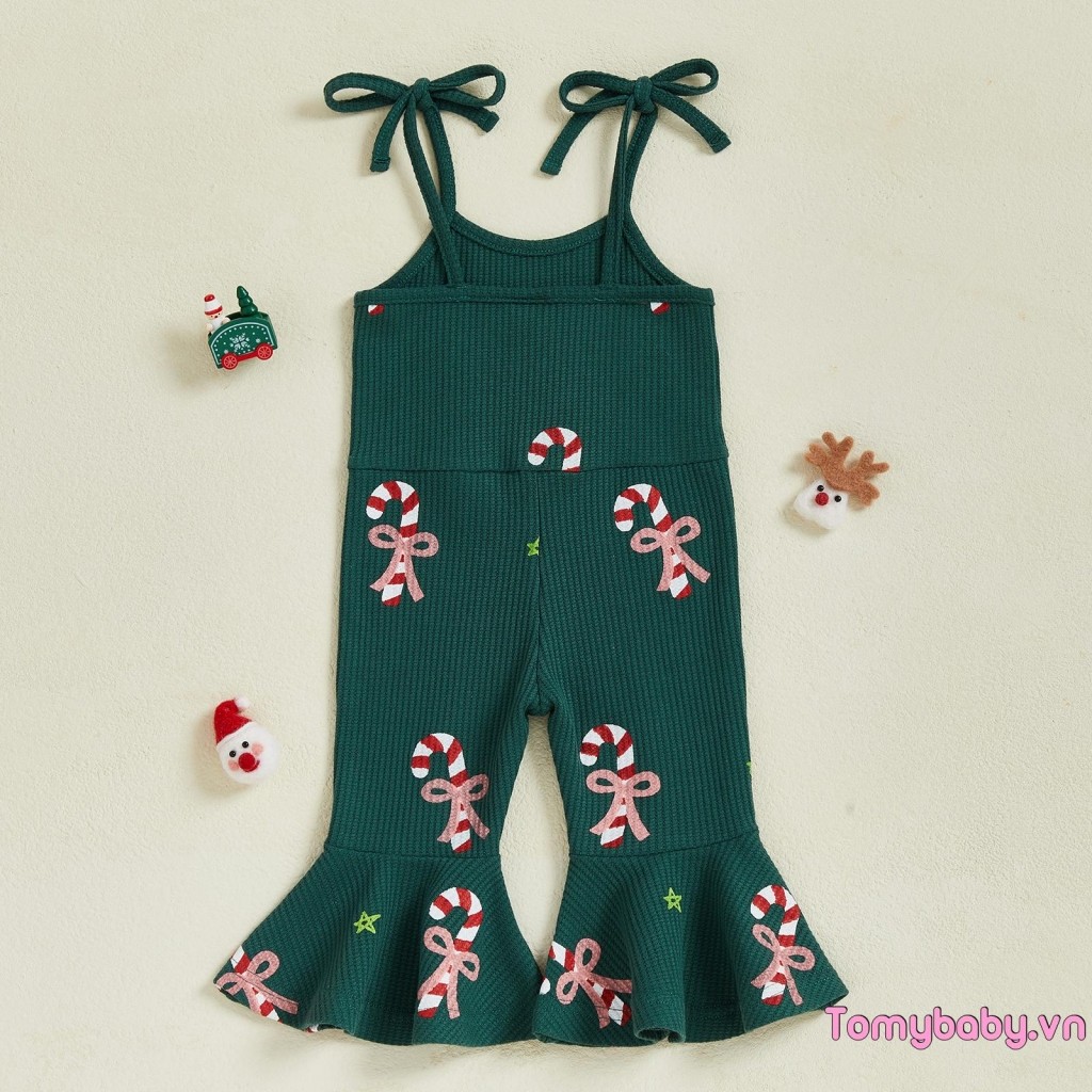 Bộ áo liền quần Giáng sinh cho bé gái Dây buộc không tay Dây đeo Candy Cane In áo liền quần