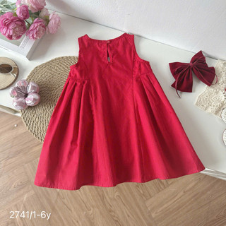 [8-26kg] Váy Đỏ Tết Noel Sát Nách Dáng A Thêu Vòng Hoa Cho Bé Gái