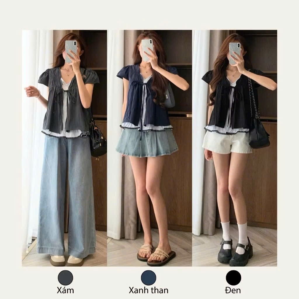 Áo Babydoll Cổ V Phối Kẻ Mix Viền Ren  MA4066