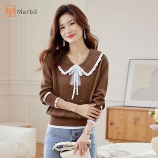 Áo len Hàn Quốc có nơ ngọt ngào và cổ búp bê, thiết kế tay dài rời, đính hạt - Phù hợp mặc hàng ngày