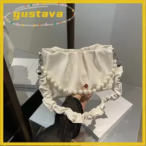 Túi xách chuỗi đính cườm GUSTAVA, Túi Messenger thiết kế dây chuyền đính cườm, Túi đeo vai phong cách xếp li bằng da PU sành điệu đi chơi thông thường