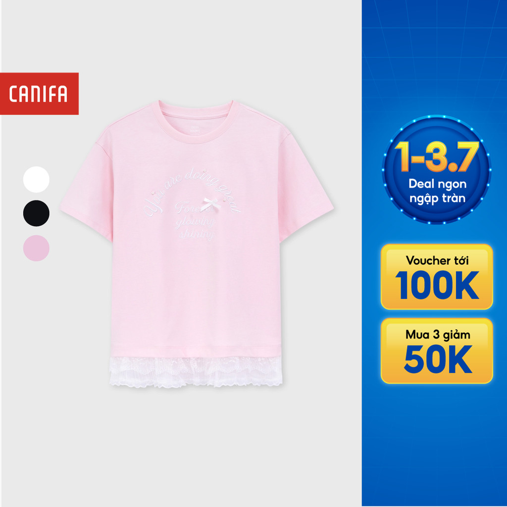 Áo phông bé gái CANIFA áo thun chất cotton USA mềm mát oversize phối ren và nơ 1TS26C001