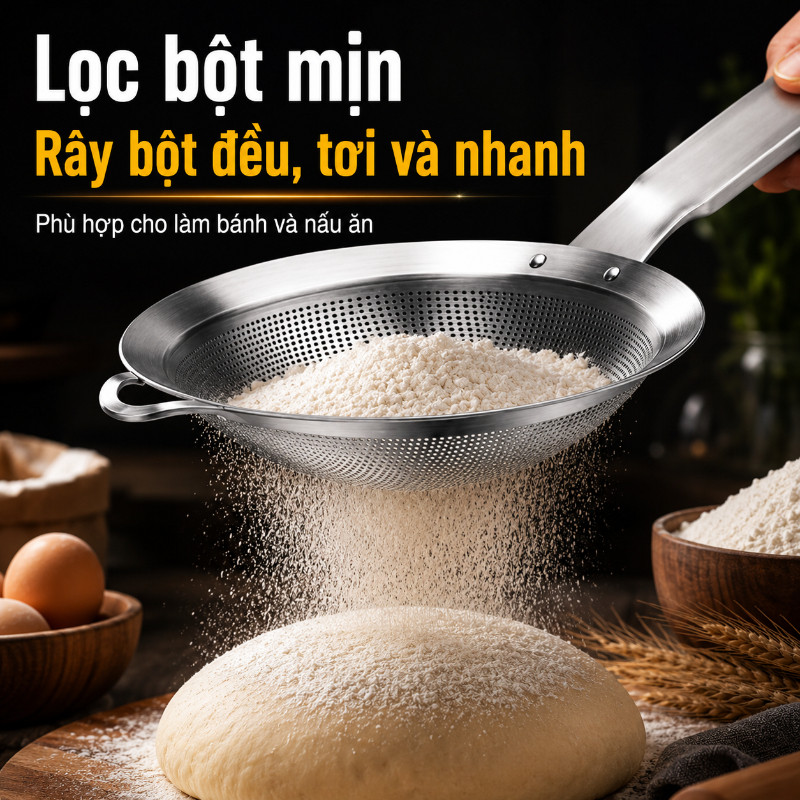 Rây Lọc Inox 304 Cao Cấp Loại Dày -Lỗ Lưới Nhỏ, lọc bột, Lọc Cua, Vớt Bọt Lẩu, Tách Dầu Mỡ, Muôi Thủng, Dễ Vệ Sinh