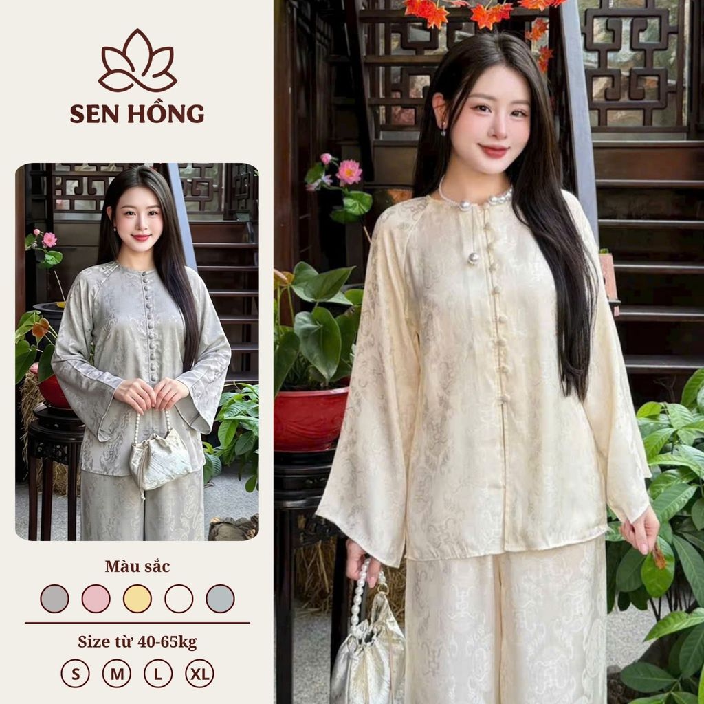[𝐒𝐞𝐧 𝐇𝐨̂̀𝐧𝐠] Bộ Áo Bà Ba Vải Gấm Hàn Châu Vân Thọ – Đồ Bà Ba Pháp Phục Đi Chùa Gấm Mềm Nhẹ Thanh Lịch S245