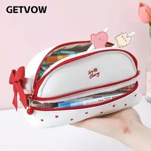GETVOW Túi Đựng Bút Chì Dễ Thương, Da PU Smile Cherry Pencil, Hoạt Hình Văn Phòng Phẩm Gấu Dâu Hai Lớp Bút Túi Cô Gái
