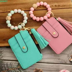 QEARY Đựng Thẻ Vòng Tay Móc Khóa, Giả Da Thiết Kế Hoa Đính Hạt Tua Rua Móc Khóa, Đính Hạt Chi Tiết Tua Rua Phong Cách Bohemian Dây Đeo Tay Hộp Đựng Thẻ Móc Khóa Phụ Kiện Thời Trang