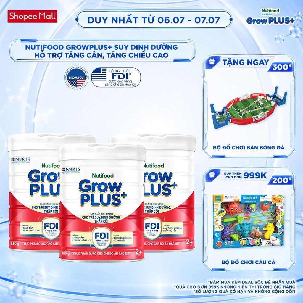 Combo 3 Sữa bột Nutifood GrowPLUS+ Đỏ (Suy Dinh Dưỡng) trên 2 tuổi (3 lon x 850g) - Grow Plus+