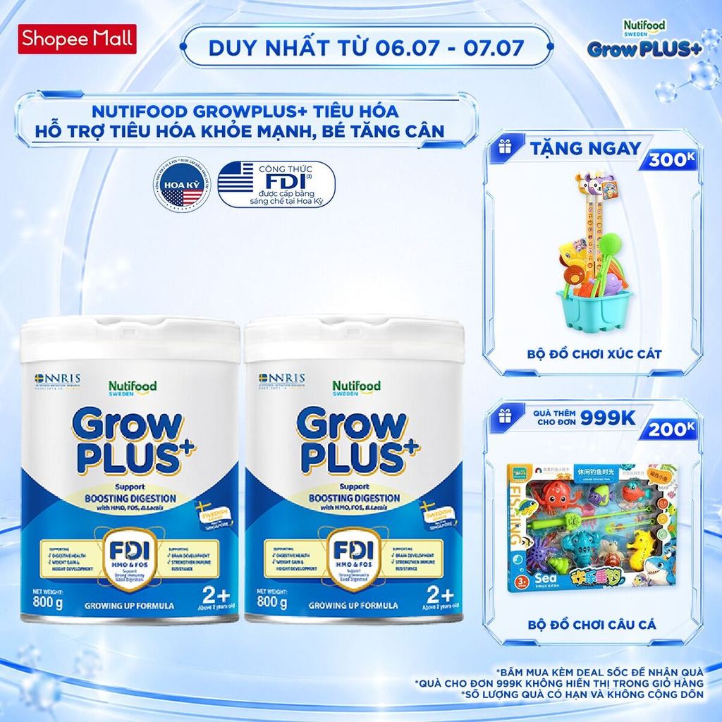Combo 2 Sữa bột Nutifood Sweden GrowPLUS+ Tiêu Hóa (Xanh Nhạt) 2+ - Tiêu hóa khỏe, tăng cân (Lon 800g)