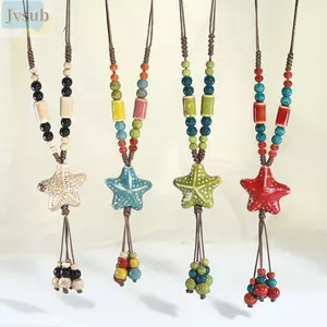 Mặt dây chuyền sao biển JVSUB, Vòng cổ hạt thủ công Bohemia, Vòng cổ chuỗi dân tộc đầy màu sắc bằng gốm sứ dành cho nữ