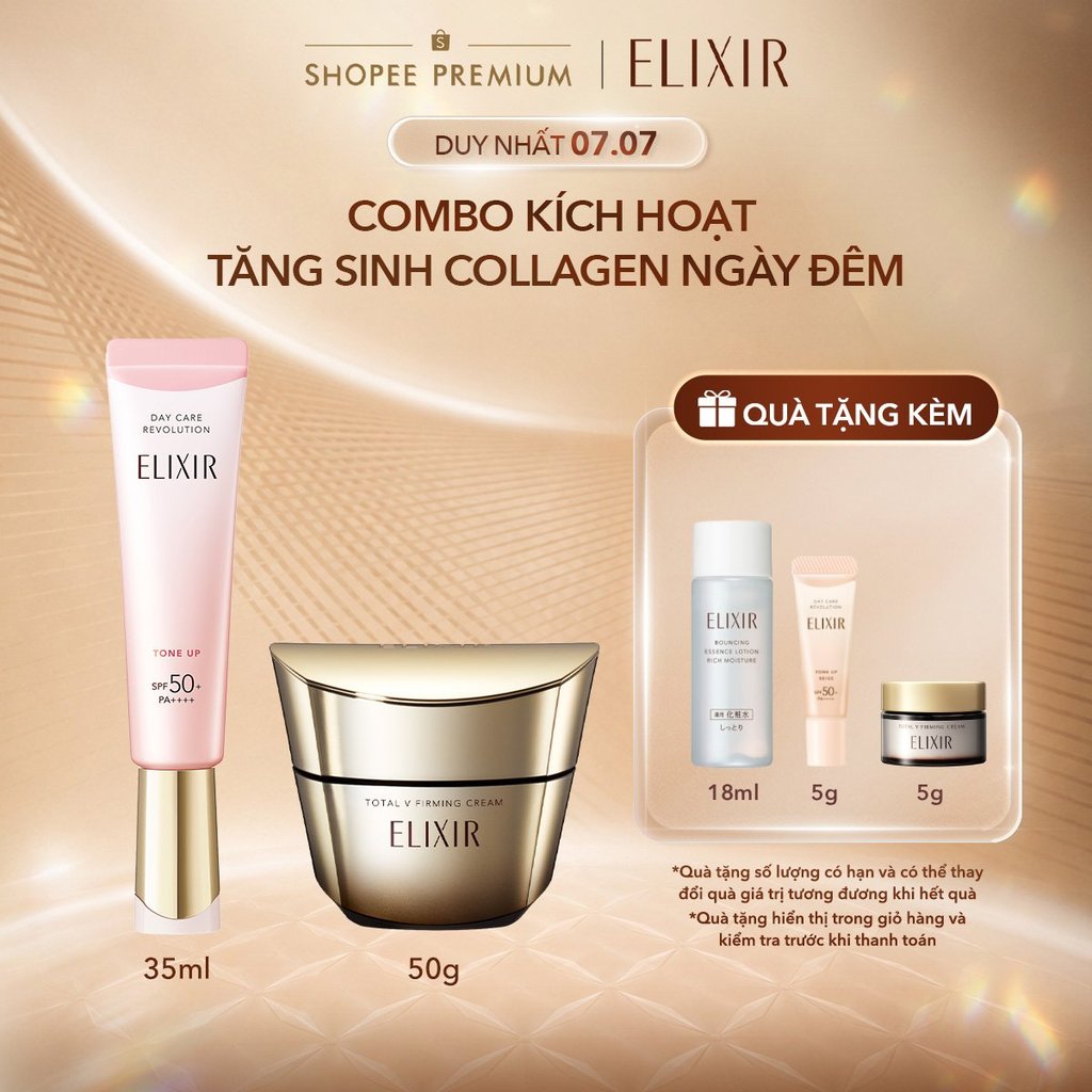COMBO Kem dưỡng cải thiện chảy xệ ngăn ngừa lão hóa ELIXIR TOTAL V FIRMING CREAM 50g + Sữa chống nắng nâng tông ELIXIR S