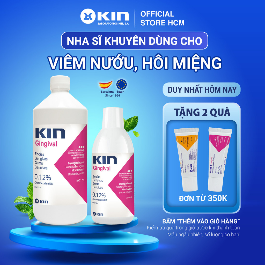 Nước Súc Miệng KIN Gingival Cho Hôi Miệng, Viêm Nướu Lợi, Chảy Máu Chân Răng, Không Cồn, 250ml/1000ml