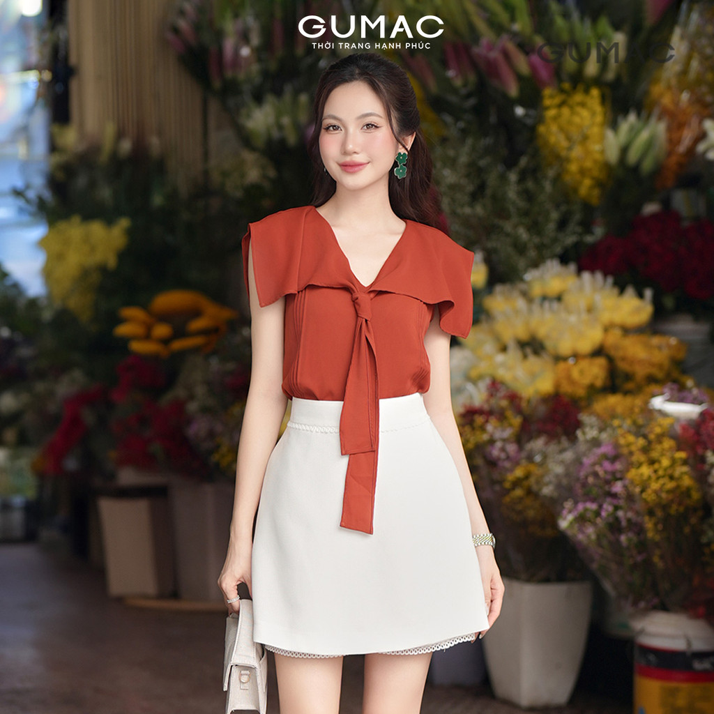 Áo Sơ Mi Nữ GUMAC Kiểu Cổ Xẻ V Thủy Thủ Kèm Bản Dây Cách Điệu AF01085