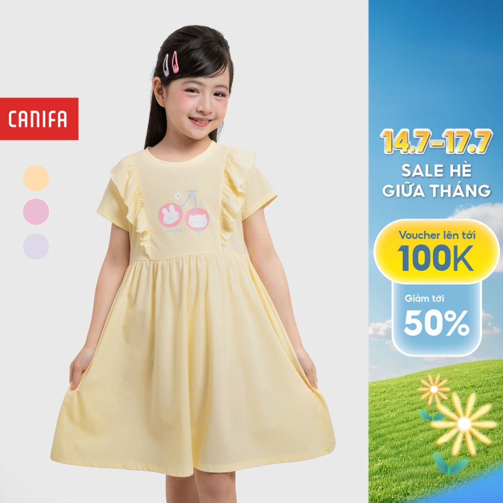 Váy liền bé gái CANIFA cộc tay dáng babydoll phối bèo có hình in 1DS26S003
