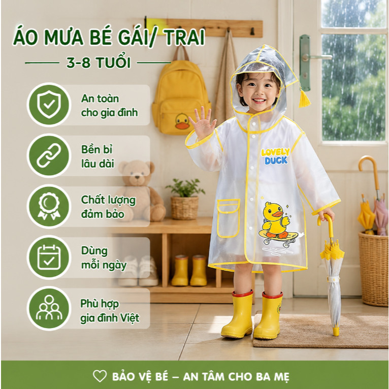 Áo Mưa Trẻ Em EVA Họa Tiết Khủng Long Mũ Vành Rộng Che Mặt Siêu Nhẹ Gấp Gọn Bé 3-8 Tuổi
