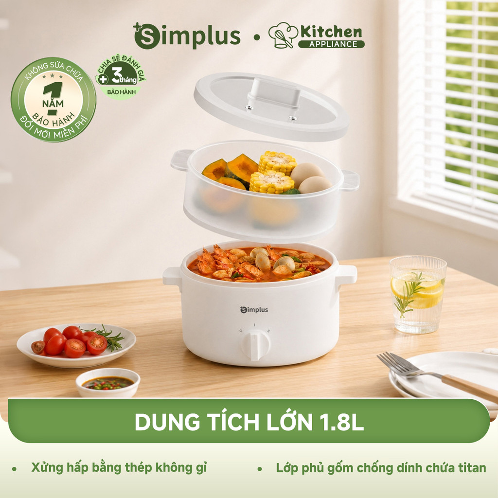 Simplus Nồi lẩu điện đa năng dung tích 1.8L Công suất 600W Nấu nấu đa năng Lòng nồi tráng men chống dính DZGH013