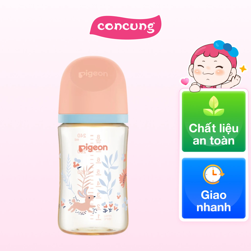 Bình sữa Pigeon PPSU chống đầy hơi cổ rộng 240ml, núm ti siêu mềm chống sặc cho bé từ 3-6 tháng