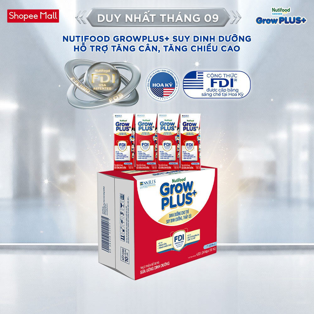 Thùng 24 hộp SBPS Nutifood GrowPLUS+ Suy Dinh Dưỡng (Đỏ) Ít đường 180ml - Tăng Cân, Tăng Chiều Cao (Bao bì tùy lô hàng)