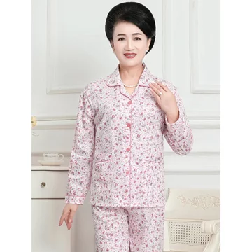 bộ đồ ngủ nữ dài tay set thu đông nữ Đồ ngủ cho người trung niên và cao tuổi đồ mặc nhà cỡ lớn hoa nhỏ cho mẹ trung niên dài tay 100% cotton mùa xuân thu cho nữ bộ đồ thu đông