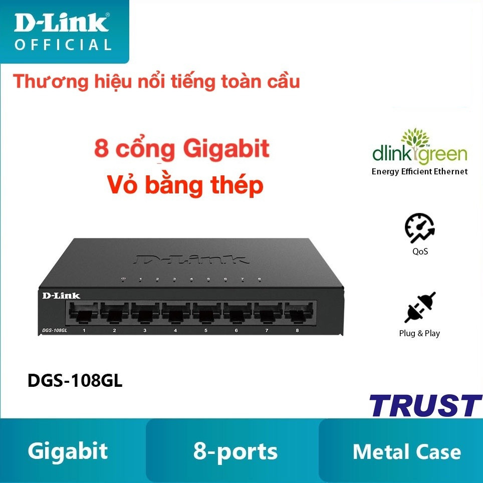 Gigabit Vỏ thép- Bộ chia mạng Switch 8 cổng RJ45 10/100/1000 Mbps-D-LINK DGS-108GL - Hàng Chính Hãng