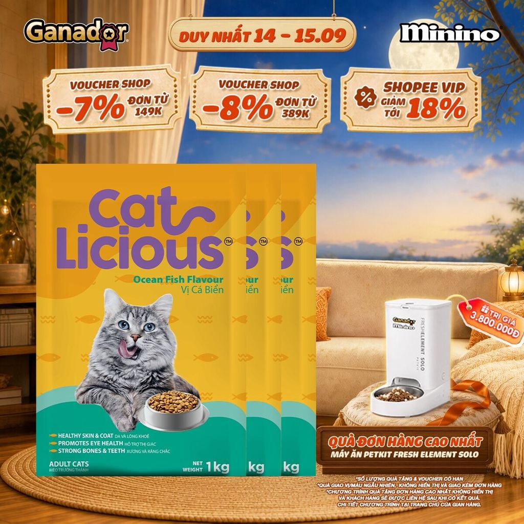 Combo 3 x Thức ăn hạt Catlicious cho mèo vị Cá biển túi 1kg