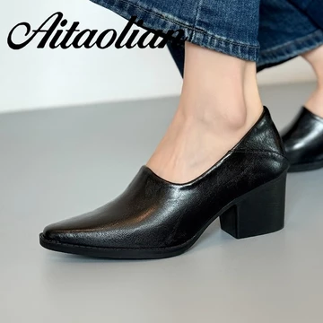 (Size 34-40) Da Thật Chính Hãng Giày Cao Gót Nữ Giày Nhọn Mũi Nhọn Nữ Giày Cao Gót Da Phong Cách Anh Giày Nữ Giày Hot Giày Màu Trơn Phù Hợp Với