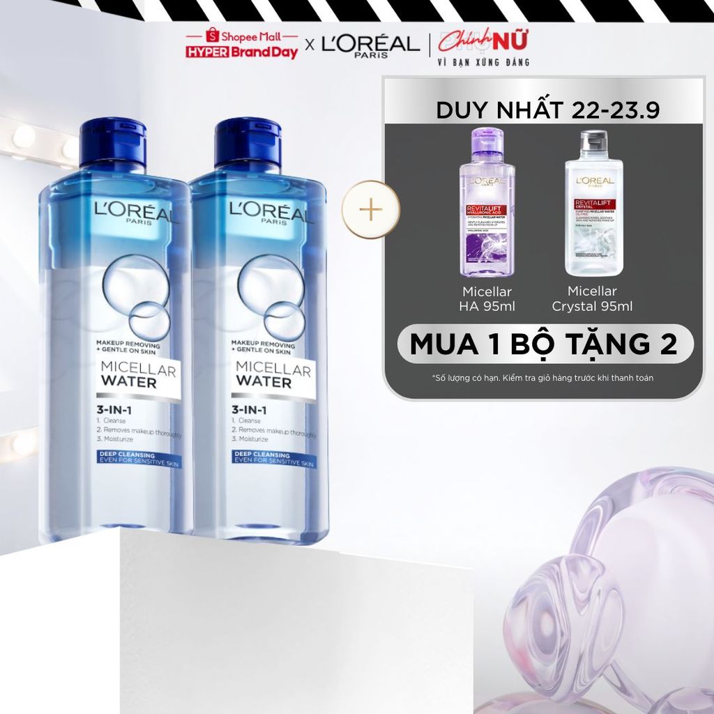 PB- Bộ 2 nước tẩy trang đa năng 3in1 làm sạch sâu L'Oreal Paris 400ml x 2