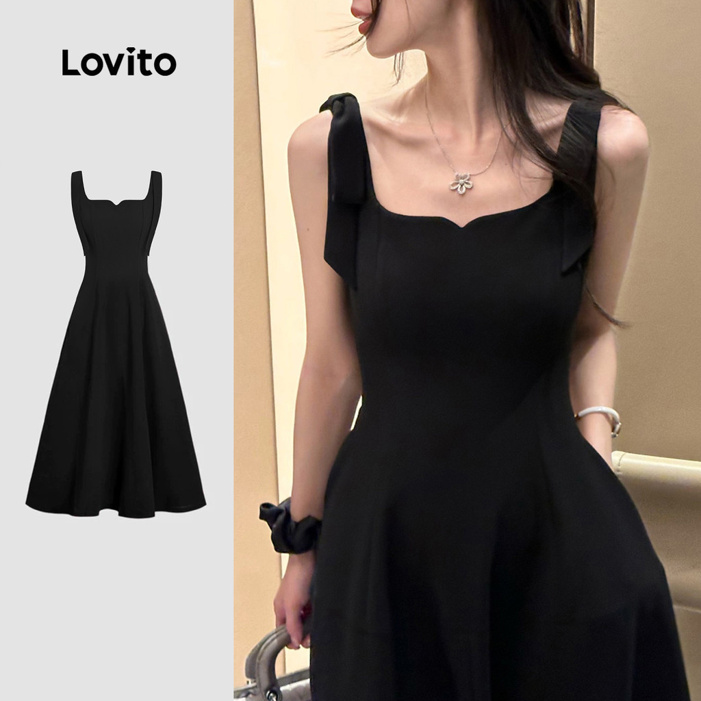 Đầm nữ Lovito thanh lịch đen xuân hè buộc dây túi phong cách L134ED498