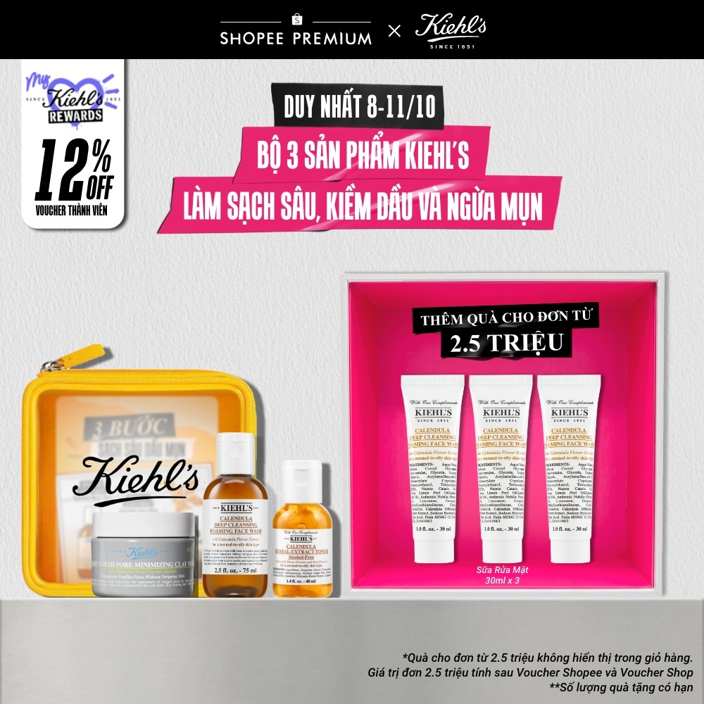 Bộ 3 sản phẩm giúp sạch sâu dầu mụn Kiehl's 3-Step Oil & Acne Control Trial Set