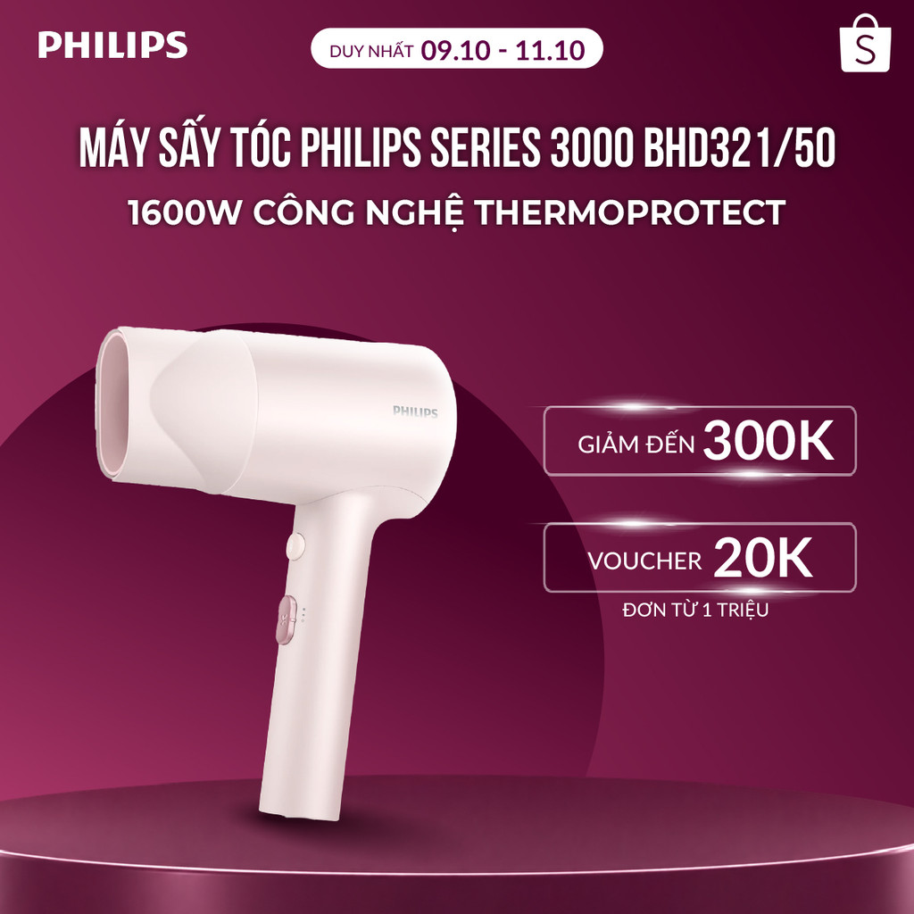 Máy sấy tóc Philips BHD321/50 1600W – ThermoProtect, ion âm giảm xơ rối, sấy nhanh
