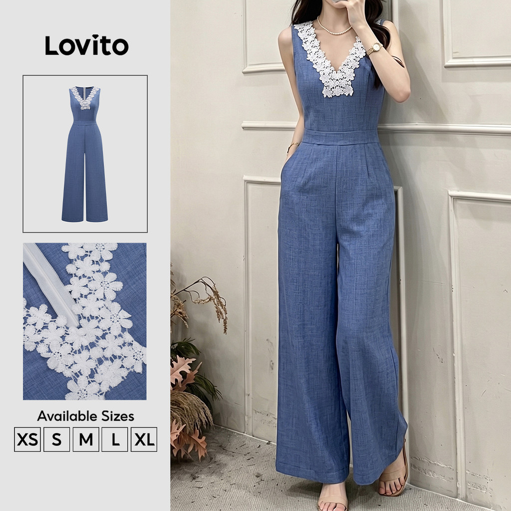 Lovito Bộ liền thân nữ mùa xuân/hè ren xếp nếp màu xanh JRK9P1D815