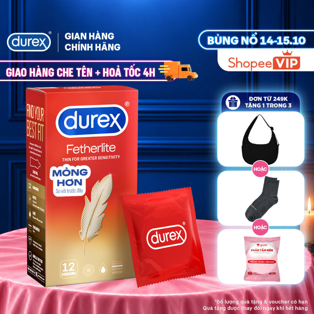 [HỎA TỐC 4H] Bao cao su Durex Fetherlite siêu mỏng, size 52.5mm, 12 bao/hộp