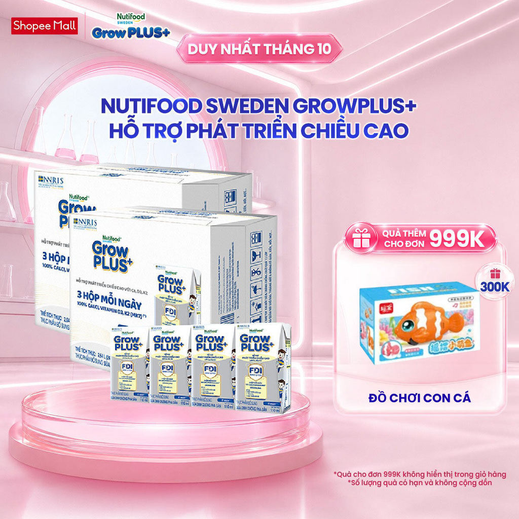 Combo 2 Thùng 24 Hộp Sữa Bột Pha Sẵn Nutifood Sweden GrowPLUS+ Cao lớn vượt trội hộp 110 ml