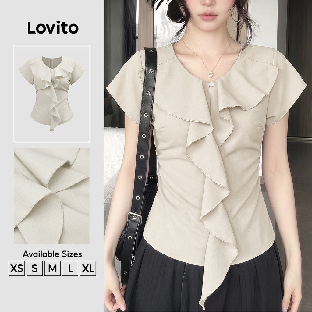 Lovito Áo sơ mi nữ tay bèo phong cách thường ngày thiết kế đơn giản màu kaki phù hợp mùa xuân/hè BLK9TD075