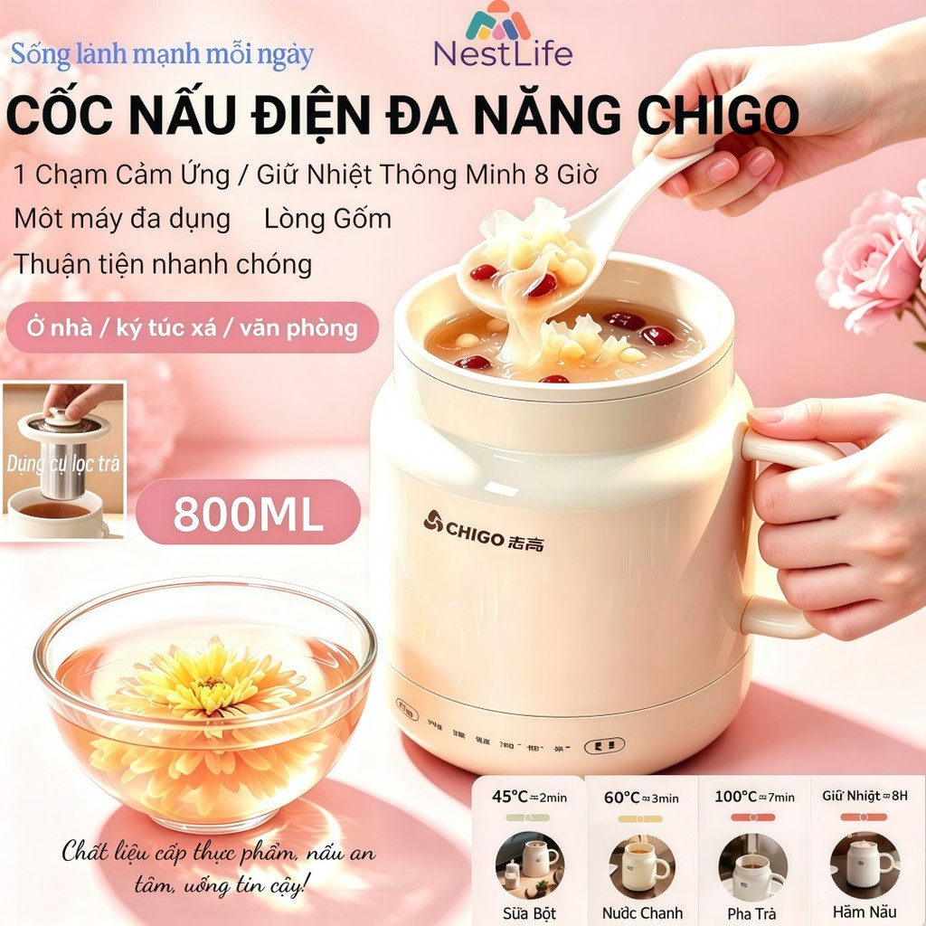 Ấm đun nước điện siêu tốc đa năng 800ml di động, lòng gốm chống dính, Đun nước, nấu cháo, pha trà cà phê, chỉnh nhiệt độ