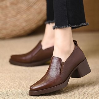 Giày Cao Gót Nữ Mũi Nhọn Dày Gót Miệng Sâu Slip On Thời Trang