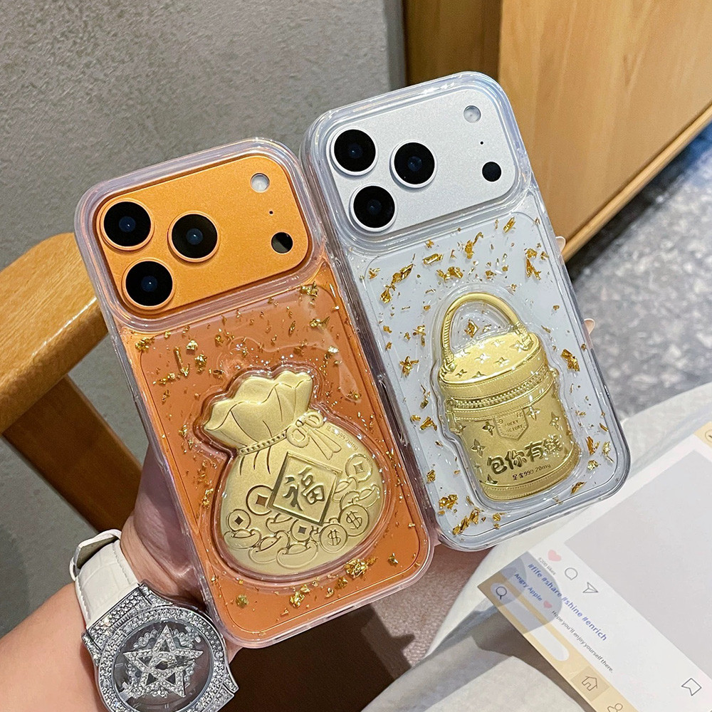 Túi May Mắn 3D GoldFoil Nhựa Ốp Lưng Điện Thoại iPhone 17 Pro Max 17 Air 16 Plus 15 14 13 12 11 Vỏ Bảo Vệ Chống Sốc