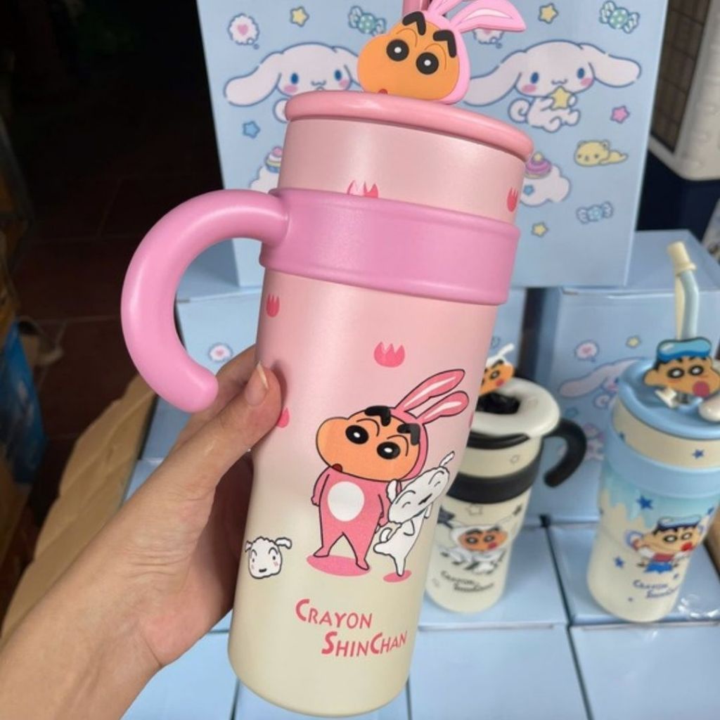 Cốc Giữ Nhiệt Cao Cấp Hoạt Hình Dễ Thương Crayon Shin-chan Inox 304, Có Nắp Và Tay Cầm
