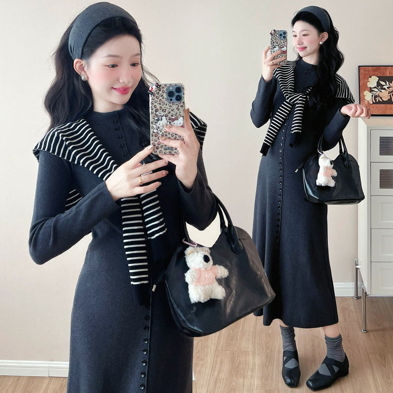 Bộ đồ bà bầu Váy dệt kim mùa thu đông + Khăn choàng hai mảnh