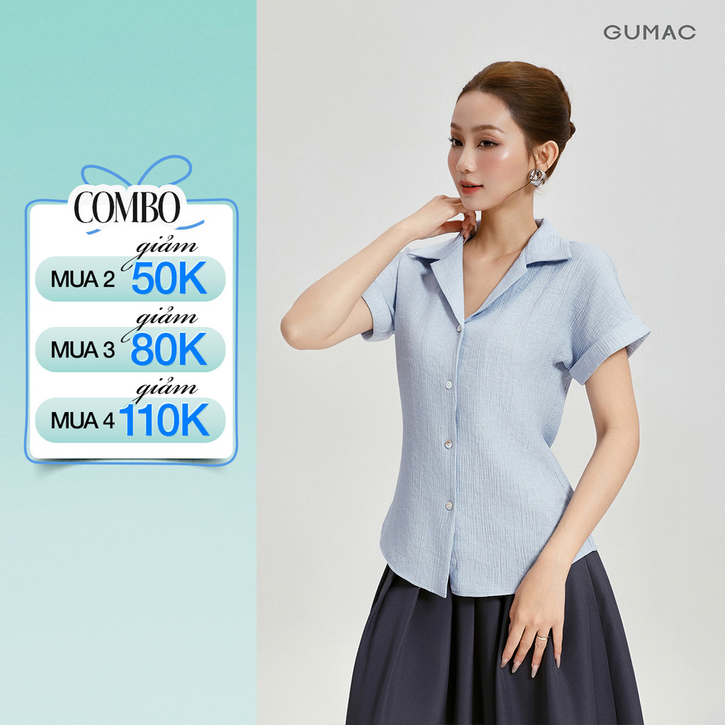 Áo Sơ Mi Nữ GUMAC Form Ôm Vừa Cổ Danton Tay Cánh Dơi Đũi Vân Nhăn Thanh Lịch AG04012