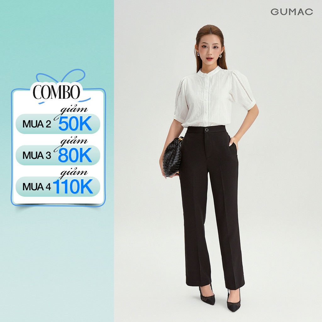 Quần Ống Suông Nữ 98cm GUMAC Lưng Cao Chất Cotton Công Sở Dáng Dài Cạp Cao Loe Nhẹ QE04001