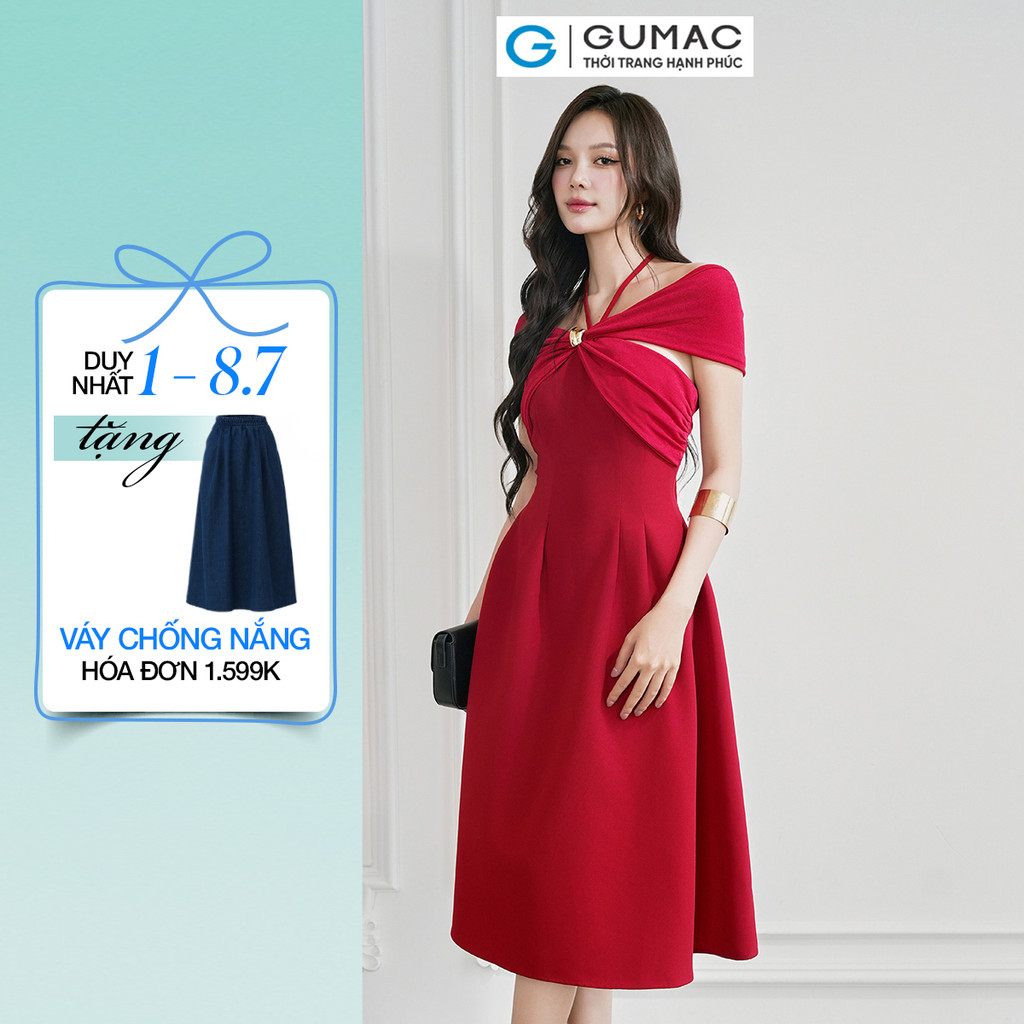 Đầm Nữ GUMAC Dáng A Xòe Chất Tuyết Mưa Đứng Form Cúp Ngực Đính Nút Kim Loại Sang Trọng DE07004