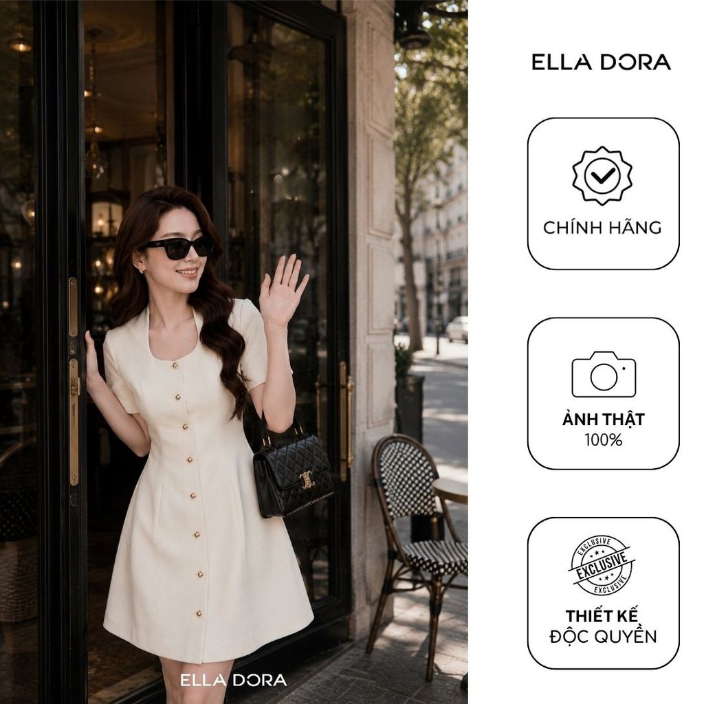 Đầm công sở ELLA DORA cổ vuông phối cúc đồng dáng ngắn thanh lịch dễ mặc 4 mùa 2 màu KEM/ĐỎ [D312]